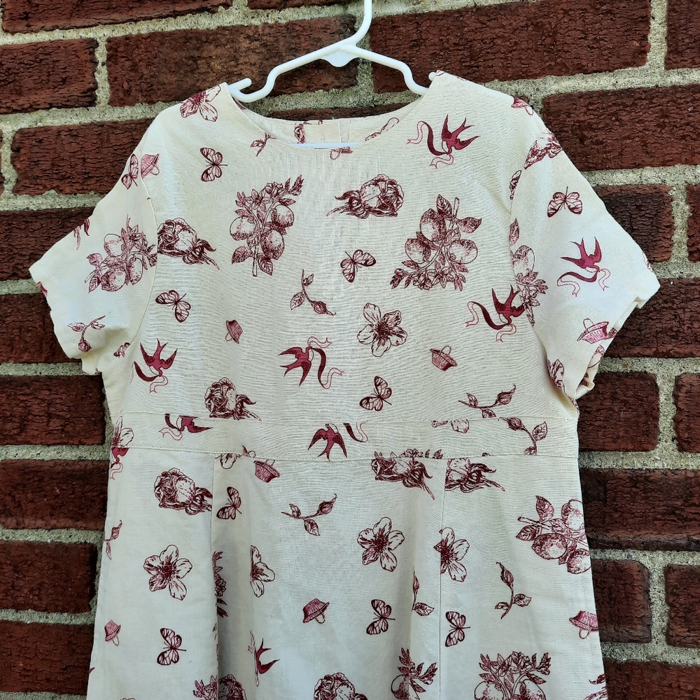 Vintage 90's Lands End Victorian Birds Fruit Print Linen Dress Sundress